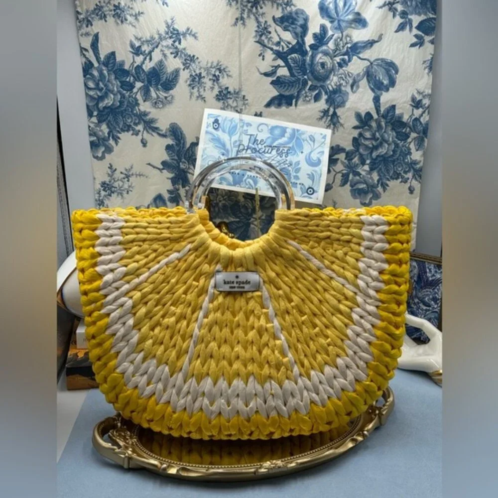 🆕 KATE SPADE NEW YORK 🧿 NWOT Picnic Perfect Lemon Woven Straw Tote Bag *FLAW*